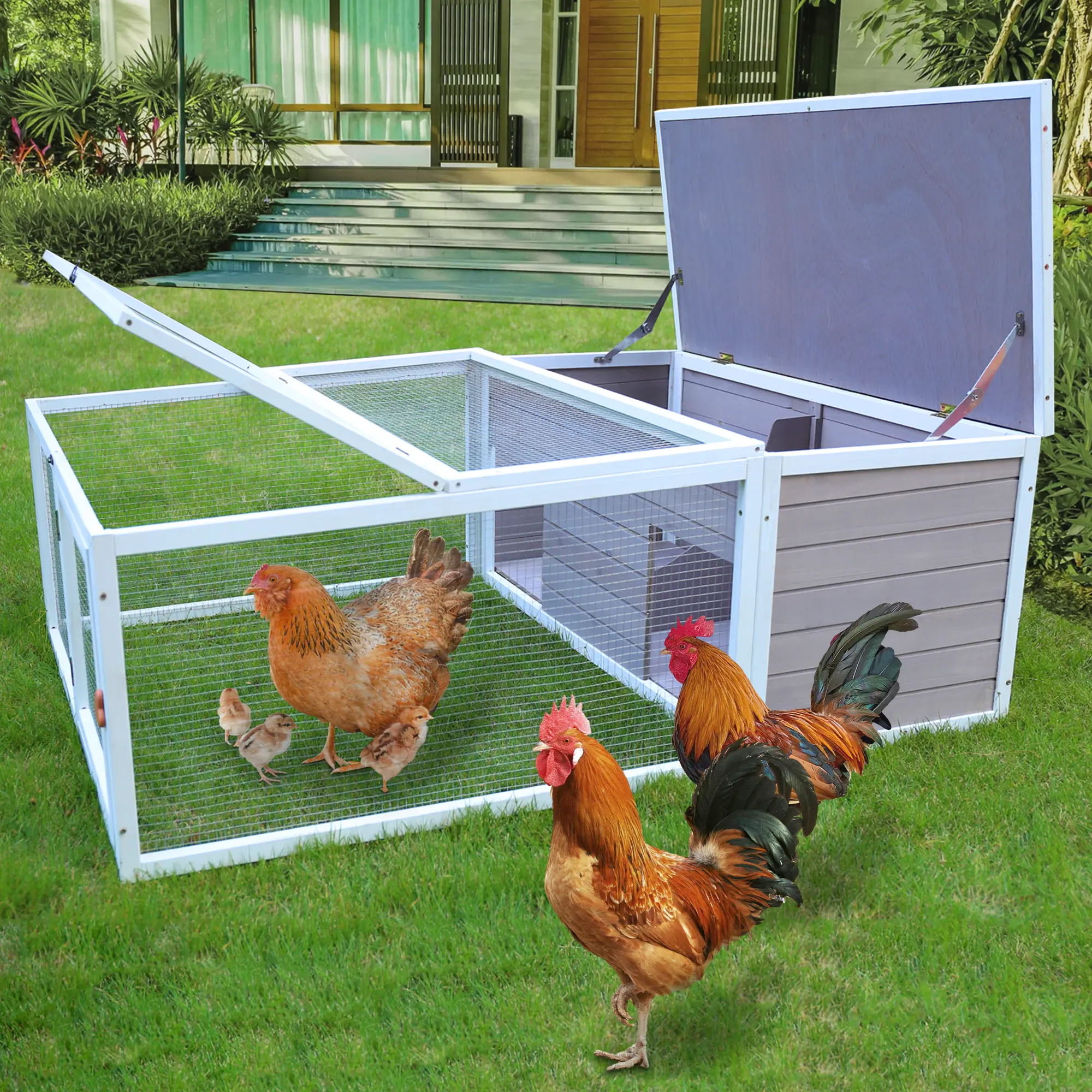 Chicken Coop with Run, 60" Rabbit Hutch Outdoor, Large Tortoise Habitat Pet Cage Wood Small Animal Poultry Cage Run with Waterproof Asphalt & Openable Roof and Side Door