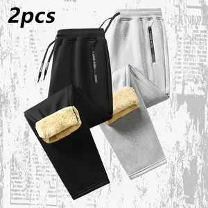 Menswear 2-Pack Plain Men's Casual Flat-Front Trousers Set, Gray + Navy Blue, Elastic Waistband, Side Seam Zippered Pockets, Ideal for Outdoor Activities