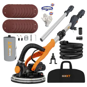 MAXXT Drywall Sander 820W Motor Dual Action Polisher Foldable Extendable Handle 1.9m Length Vacuum System LED Light Variable Speed 120V Tool Kit