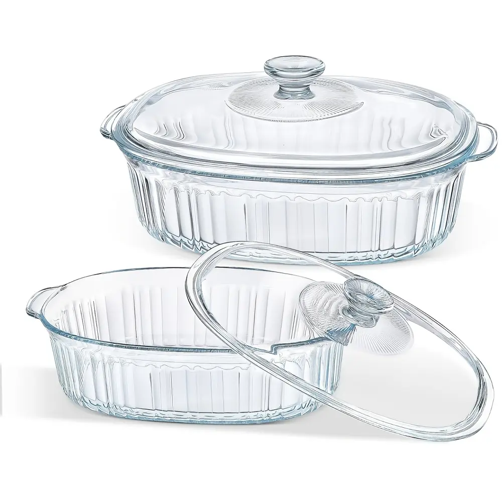 2PCS Glass casserole with lid, ribbed oval glass baking pan. for ovens and microwaves. Transparent casserole cookware with lid.  Suitable for desserts, roast chicken, pasta, etc. 50 ounces+85 ounces
