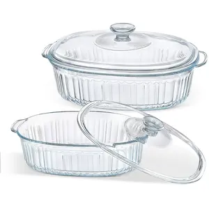 2PCS Glass casserole with lid, ribbed oval glass baking pan. for ovens and microwaves. Transparent casserole cookware with lid.  Suitable for desserts, roast chicken, pasta, etc. 50 ounces+85 ounces