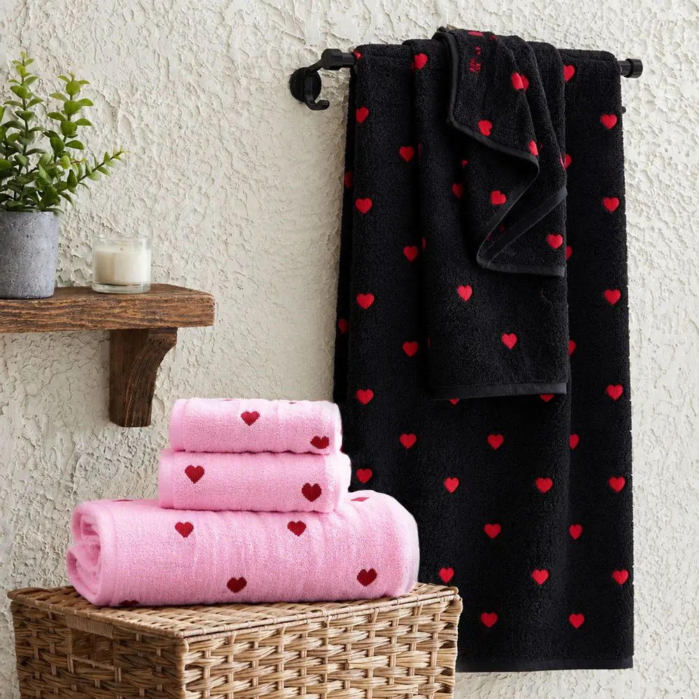 Cute Heart Towel Set (Pink/Black) , 2Pcs/4Pcs Cotton Face Wash Towel and Bath Towel Set, Soft & Absorbent Wrap for Home Bathroom Decor, SPA, Gifts