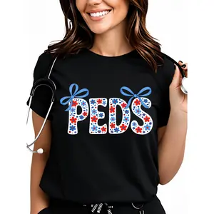 Men's 100% Soft Cotton Unisex Retro Floral Prints Crew T-Shirt - PEDS Nurse, Coquette Bow, RN, Everyday Wear (Pairs with Bottoms)