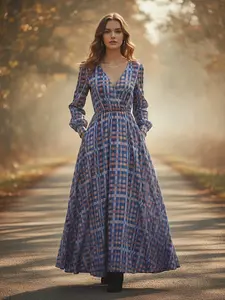 Women's Spring Summer New V-Neck Long Sleeve Plaid Print Dress, Stylish Casual Fashion, Perfect for Daily Wear