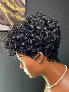 Natural Pixie Wig Short Curly Human Hair for Women, Machine Made Natural Looking Wig Pixie Cut Wig for Daily Use and Party Cosplay Gift