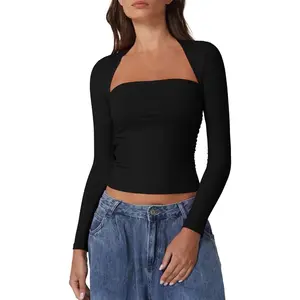 Long Sleeve Square Neck Tops for Women Double Lined Side Ruching Going Out Shirts Basic Tee tank air Deep Tie