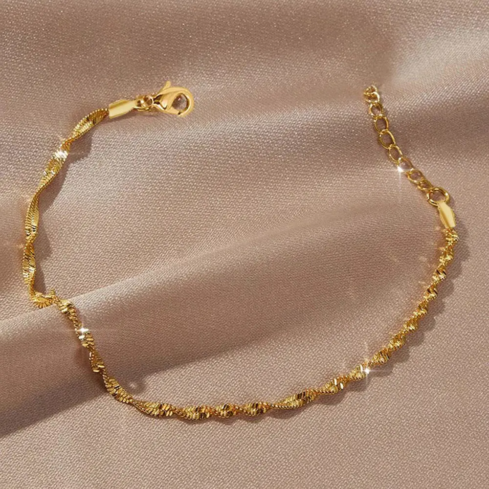 Gold tone Chain Bracelet for Women Stainless Steel Twisted Wave Chain  Water Wave Link Bracelet Dainty Layering Minimalist Wristband Adjustable   Chain Costume Jewelry Birthday Anniversary Gift for Her summer daily wear fashion jewelry girlfriend