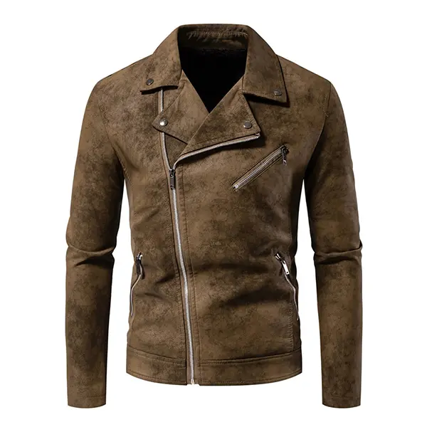 Men's Brown Faux Suede Biker Jacket – Raglan sleeve design, fold-over collar, multiple zipper pockets, sleek and stylish outerwear, a must-have for everyday wear and trendy outfits