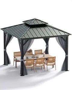 Hardtop Gazebo 12 ft x12 ft for All Weather, with Double Metal Roof, Aluminum Alloy Frame, Net, and Curtain, Permanent Building for Patio, Deck, Backyard, Lawn, and Garden