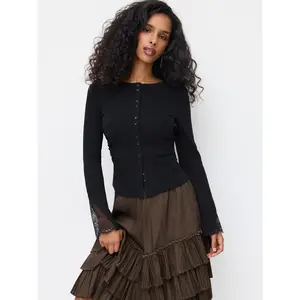 Cider Cotton-blend Round Neckline Long Sleeve Contrasting Lace Top