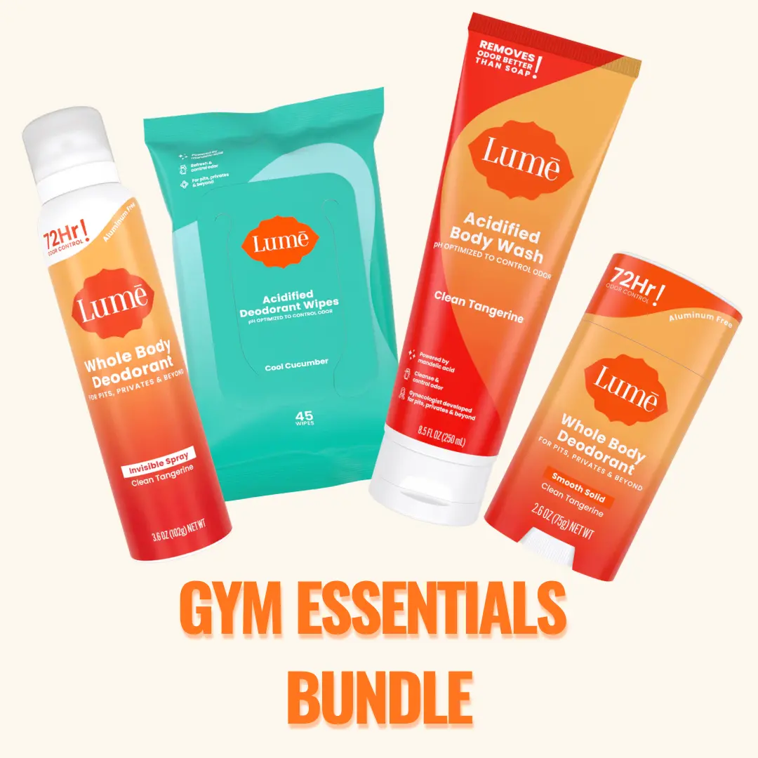 Lume Gym Essentials Bundle: Whole Body Deodorant Stick & Spray, Deodorizing Body Wipes, Acidified Body Wash Lume Gym Essentials Bundle: Whole Body Deodorant Stick & Spray, Deodorizing Body Wipes, Acidified Body Wash