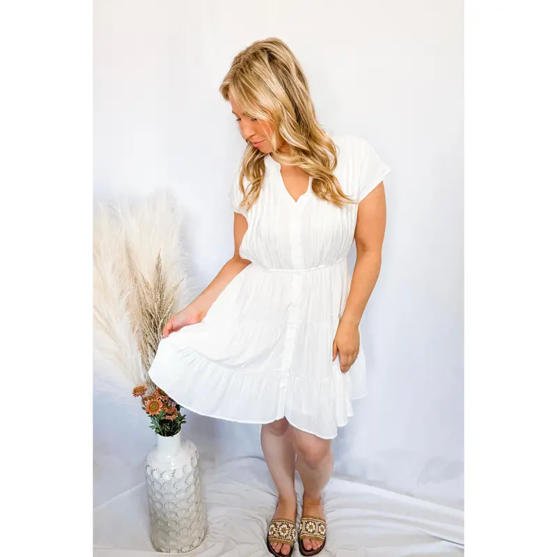 Sunny Side Tiered Button Down Dress - White