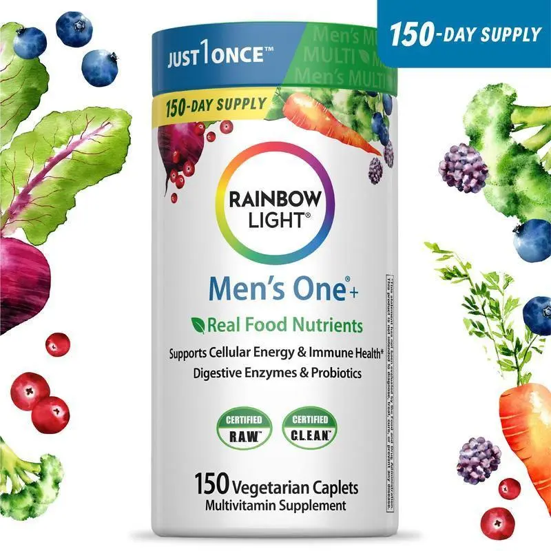 Rainbow Light Mens Multivitamin One + for 50 Plus | 150 Caplets | Supports Muscle Health | with Vitamins C, D, and Zinc | Real Food Nutrients, Digestive Enzymes & Probiotics
