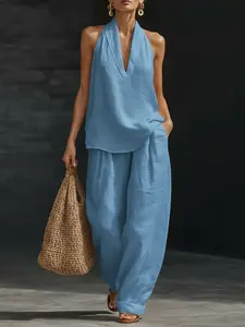 Women's Linen Breathable Two-Piece Set, V-Neck Sleeveless Top with Wide-Leg Pants, Solid Color Casual Suit, Spring/summer Fashion