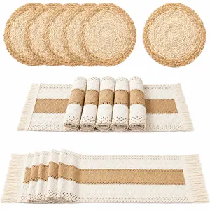 13Pcs  Boho Placemats- Handmade Grass Woven Meal Mats and Natural Cotton Linen Burlap, with 1 Macrame Burlap Table Runner 12x70inch, Table Mats Set for Dining Table Kitchen