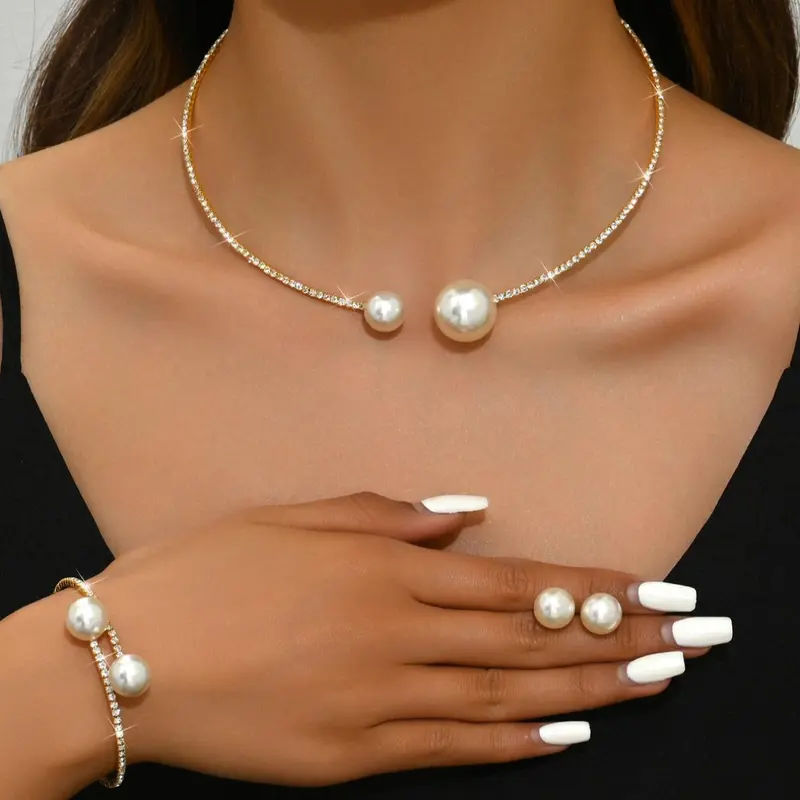 Faux Pearl Decorated Maximalist Fashionable Matching Jewelry Set, Necklaces Earrings Set, Elegant Necklace & Bracelet & Earrings, New Style Fashion Accessories for Party, Daily Clothing Luxury Decor for Girl, Cute Mom Gifts