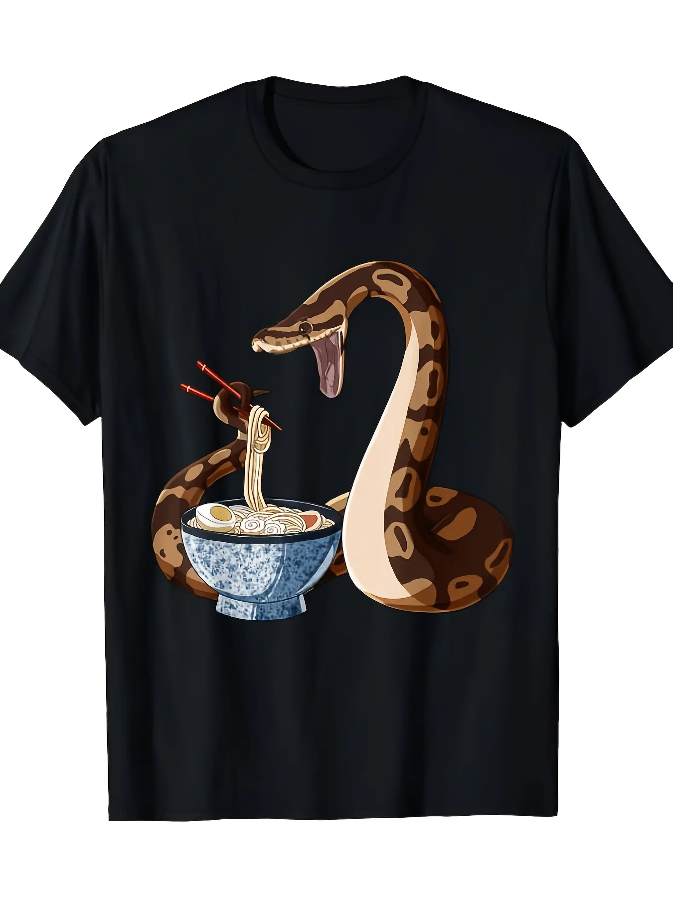 Funny Japanese Kawaii Ramen Snake Ball Python T-Shirt Cute Reptile Ramen Design Soft Breathable Casual Round Neck Tee for Men Unisex Anime Conventions Pyton Lovers Gift, Plus Size