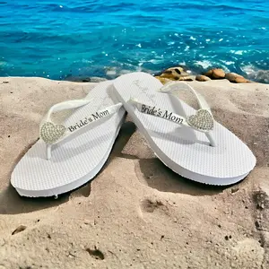 Bride's Mom Rhinestone Heart Flat Flip Flop Sandals for Destination Wedding or Gift Bridal Party Sandals