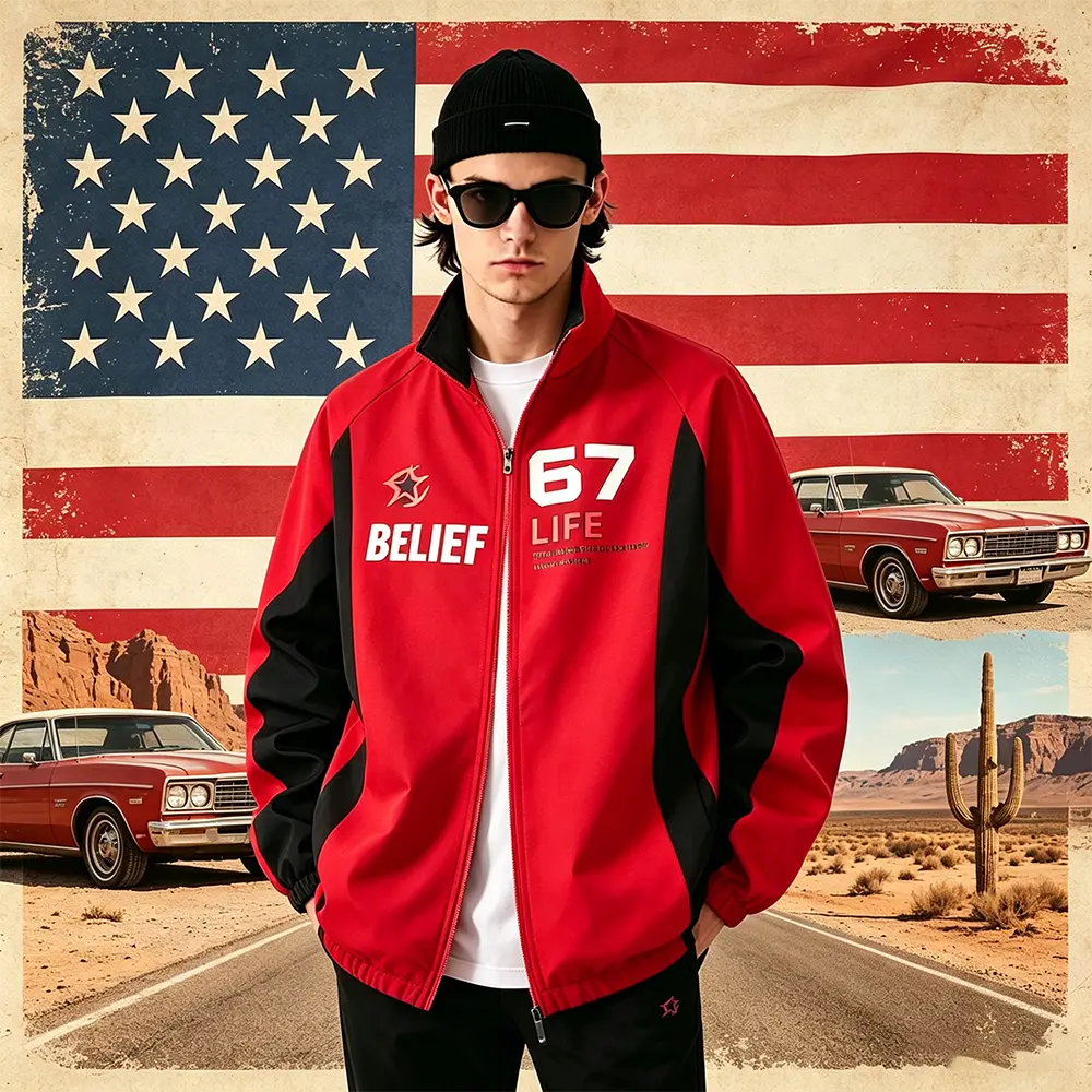 Men's 2-Pack Chic Basics Patchwork Athletic Long Sleeve Zipper Track Jacket - 67 Belief Letter Print, Loose Collared Lightweight Windbreaker with Pocket for Outdoor Casual Daily Use
