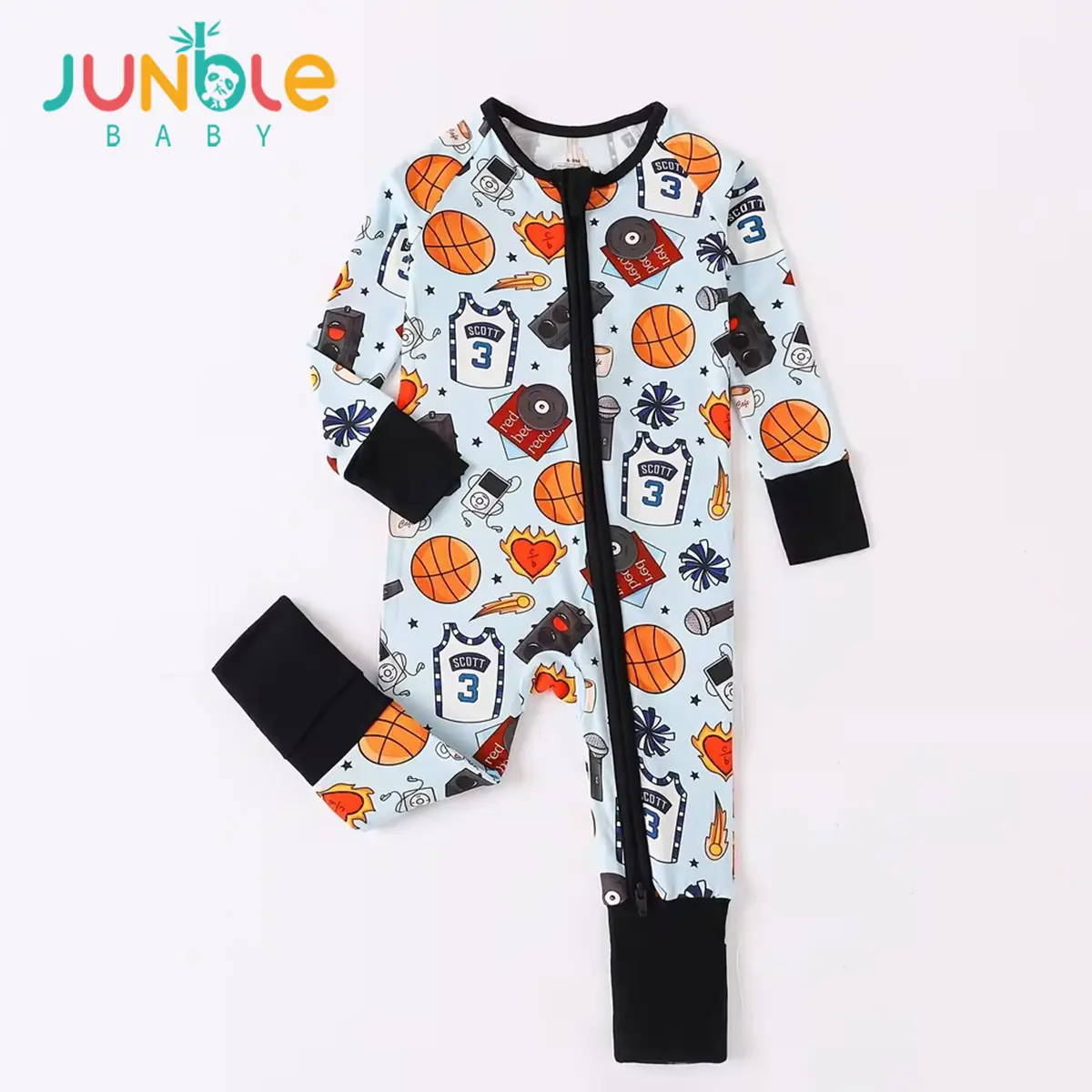 Junblebaby Snug Fit Bamboo Unisex Baby Romper - 2-Way Zipper, Basketball & Music Print, Convertible Infant Sleepsuit 0-3T, Baby Items