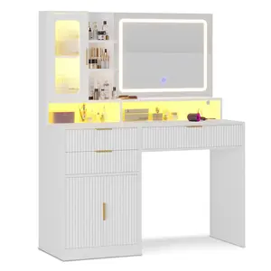 SIKAIC Modern 42.5-Inch Fluted Waves Engineered Wood Makeup Vanity Desk, White Indoor Furniture with Touch Screen Mirror and RGB Lights