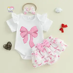 Baby Girls 3Pcs Summer Outfit Short Sleeve Bow Embroidery Romper + Shorts + Headband Set Infant Clothes