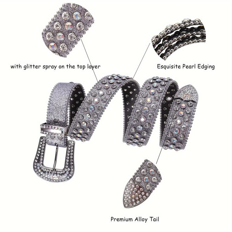 （All handmade） BB belt y2k Handmade Silvery Rhinestone Belt With Western Hip-hop Style, Suitable For Both Men And Women,Perfect For Decorating And Matching With Jeans. Fashionable Metal Buckle