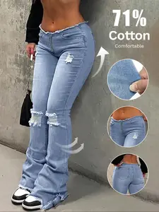 Women's Low-Waist Denim Jeans, Casual Slim-Fitting Jeans, Light Washed, Zipper Fly, Drop Waist, Long Regular Fit, All Seasons