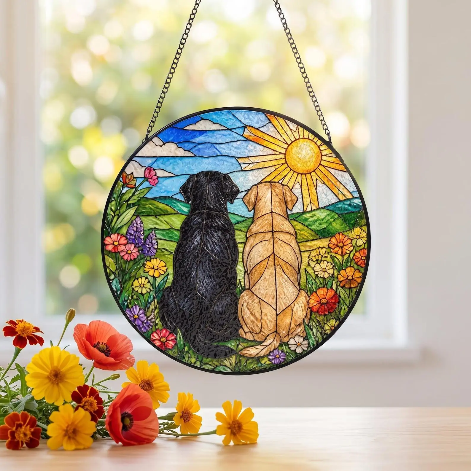 [Circle] Dogs Stained Glass Suncatcher, Black Lab and Yellow Labrador Dogs Window Hanging, Dog Memorial Keepsake, Wildflower Mountain Decor S16