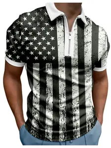 Men's Patriotic American Flag Print Zipper Polo Shirt, Casual V Neck Short Sleeve, Summer Golf Wear, Polyester Blend, Stars Stripes Design
