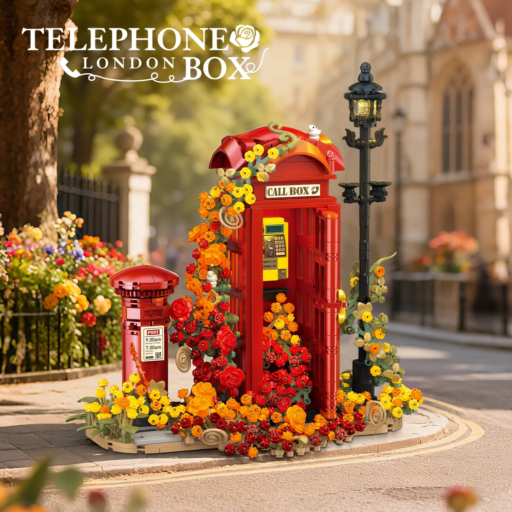 1142PCS Romantic Vintage Phone Booth Building Blocks – Floral Street Decor Model Kit with Lamp Post & Post Box, Creative DIY Brick Set for Display, Perfect Gift for Girls, Boys & Collectors