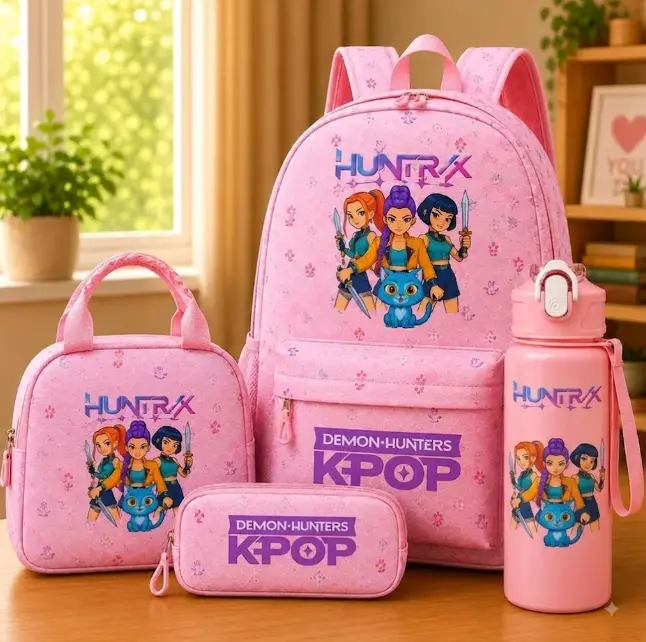 Kpop Demom Hunters 4 PieceFashion Graphic Travel Bag Collection, Backpack with Coordinated Lunch Bag, Pencil Case & Water Bottle