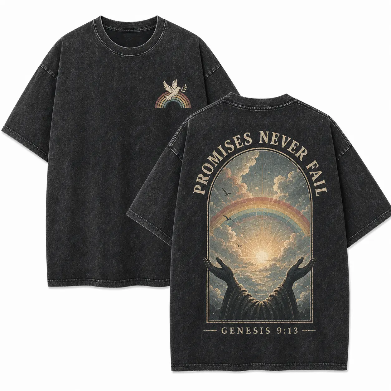 Men's Dark Washed Oversized Distressed Graphic T-Shirt - Menswear, Shortsleeve Round Neck, 'Promises Never Fail' Genesis 9:13 Rainbow Dove Hands Print, Religious Faith Casual Streetwear Top, Vintage Wash Design