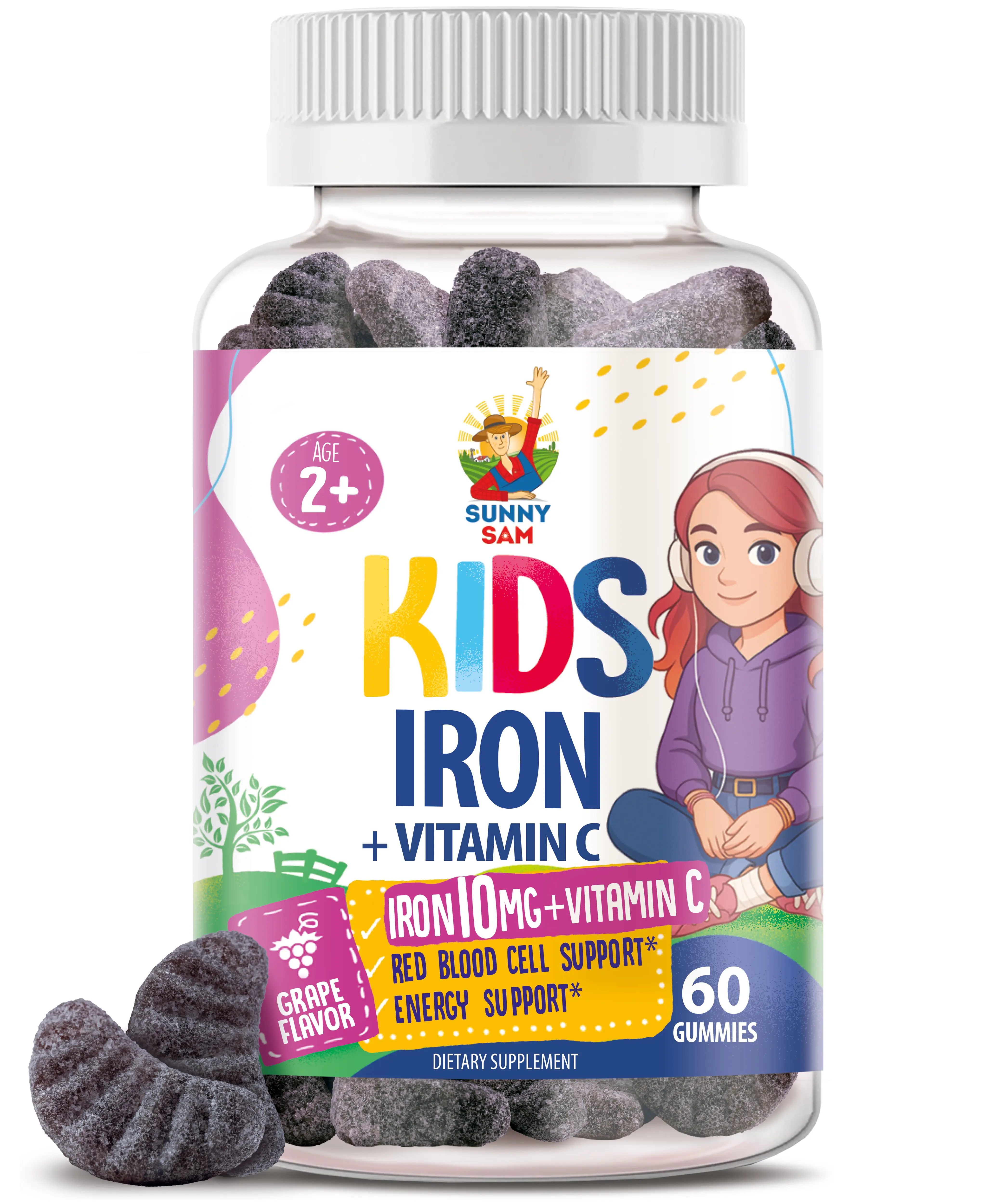 Sunny Sam Kids' & Teens' Iron Chewables - 10mg Iron per Serving with Vitamin C, Low-Sugar Grape Flavor, Allergen-Free (Gluten, GMO, Gelatin), Pectin-Based, 4+ Years, Immune Support, Energy Metabolism, Red Blood Cell Production, 60-Count Dietary Supplement