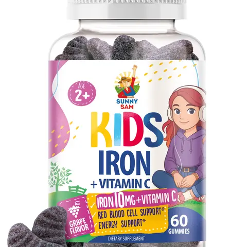Sunny Sam Kids' Iron Chewable Dietary Supplements - 10mg Iron with Vitamin C, Low Sugar Grape Pectin Gummies, Anemia & Immune Support, GMO-Free, Gluten-Free, Multi-Functional, 24 Months+, 60 Pieces