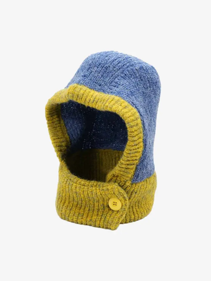 Thesupermade Retro Color-Block Chunky Knit Balaclava Hats Handcrafted Cap Knitted Beanie Hat