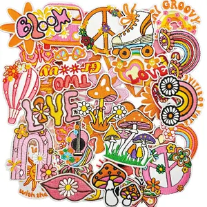 40PCS Summer Flower Blosom Mushroom Vibrant Orange Butterfly Iron on Embroidered Patches Retro Hippie Motif Sew on Iron on Embroidery Appliques for Decoration on Clothes, Bags, Hats etc patch iron