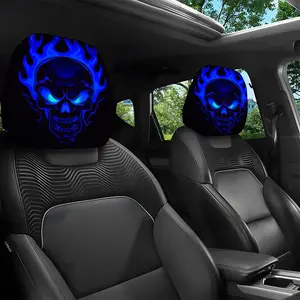 2pcs Neon Blue Flaming Skull Car Headrest Covers, Universal Fit for All Seasons, Perfect for Long Trips & Daily Commutes, Halloween & Christmas Decorations 2.4LYY-10