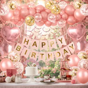 Rose Gold Birthday Party Decorations Set, Happy Birthday Banner, Fringe Curtain, Heart & Star Foil Confetti Balloons, Hanging Swirls for Women Girls Princess Party Backdrop Decor