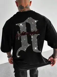 Men's Rhinestone Letter Print Knit Short Sleeve Tee, Regular Fit Casual Street Fashion T-shirt for Daily Wear, Men's Clothes for Summer, Top