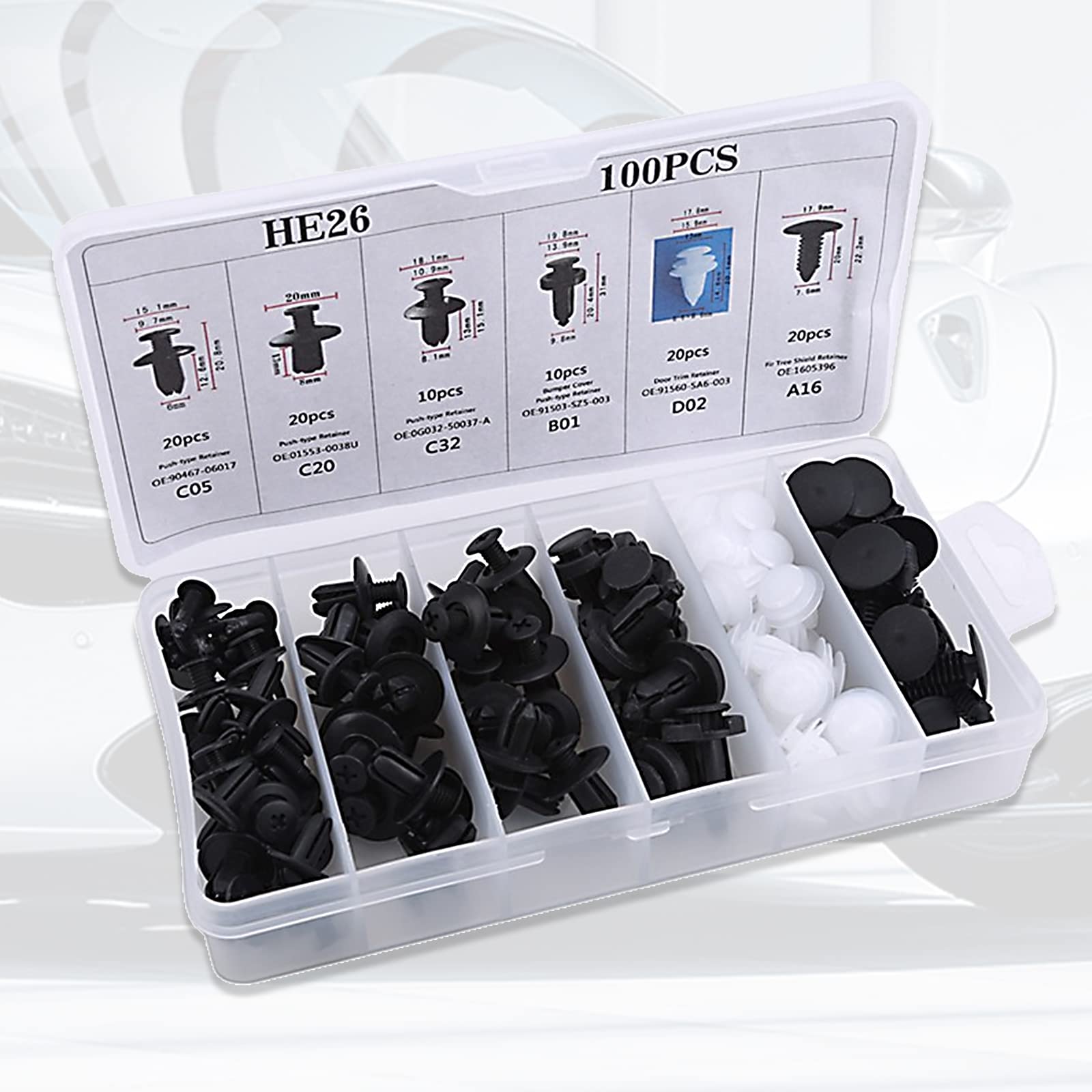 100 PCS Car Bumper Retainer Clips, 6.3mm 8mm 9mm 10mm Nylon Fasteners Rivet Replacement Kit, Push-in Screw Bumper Push Rivet Clip with Removal Tool, Suitable for Most Models (Black)