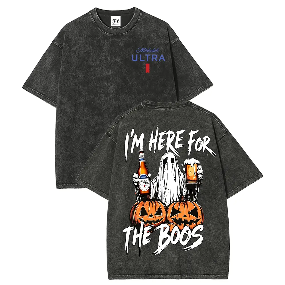 Vintage Acid Wash Oversized T-Shirt Front Michelob ULTRA Logo Back I’m Here For The Boos Ghost Beer Pumpkin Double Print Unisex Soft Light Fabric Spooky Halloween Beer Lover Casual Holiday Gift Tee