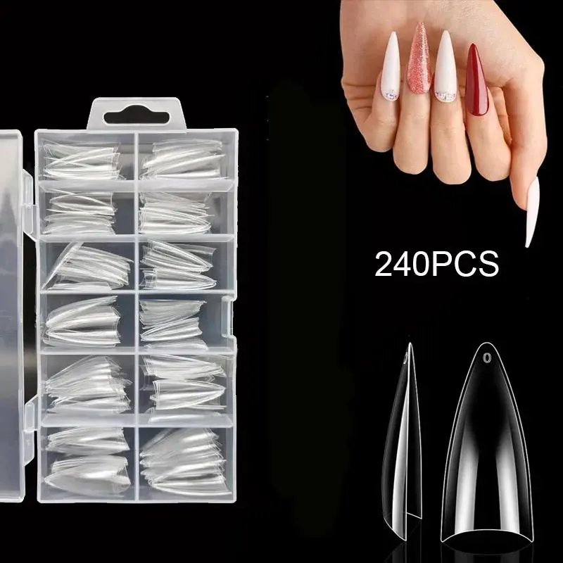 240 Pieces of Transparent Fake Nail Tips, Half-Cover Fake Nails in 12 Sizes, Stiletto Heel Shape Nail Tips, Nails for Nail Salon and Home DIY Box