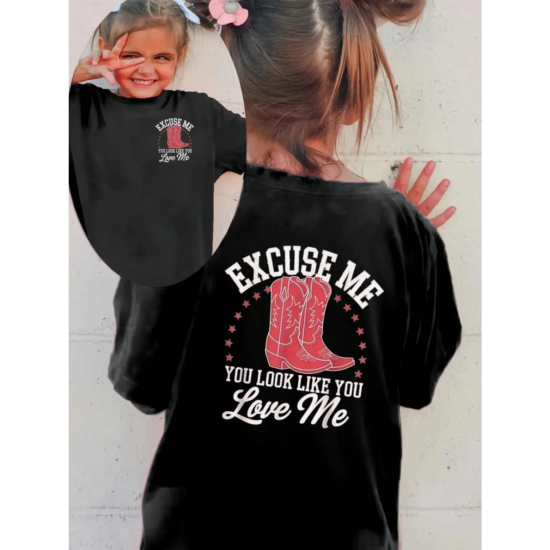 MAWOTEA [Double Side Print]Excuse Me,You Look Lile Love Me Graphic Print T-Shirt Double Sided,Casual Crew Neck Short Sleeve Top For Kids Boys And Girls,Summer & Spring Fashion,Cartoon Style, Regular Length, Casual Wear | Cartoon Graphic Tee | Construction