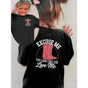 MAWOTEA [Double Side Print]Excuse Me,You Look Lile Love Me Graphic Print T-Shirt Double Sided,Casual Crew Neck Short Sleeve Top For Kids Boys And Girls,Summer & Spring Fashion,Cartoon Style, Regular Length, Casual Wear | Cartoon Graphic Tee | Construction