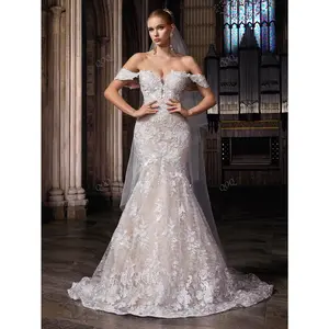 One Shoulder Lace Splicing Receiving Pleated Flower Embroidered Wedding Gowns