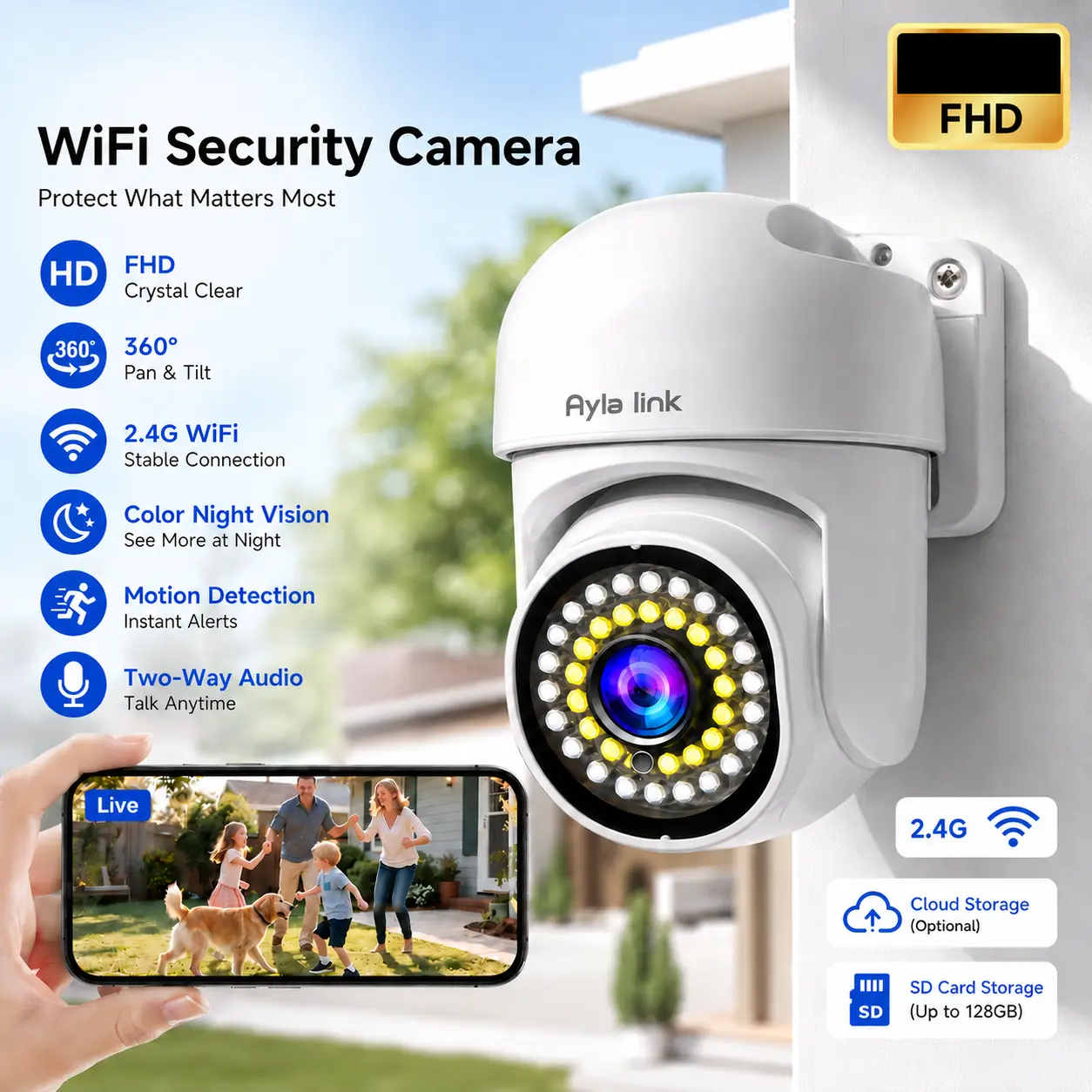 Indoor WiFi Security Camera - FHD, 2.4GHz Connection, 360° Pan & Tilt, Color Night Vision, Motion Detection & Alerts, 2-Way Audio, Remote Viewing, Live Feed, WiFi Monitoring, Micro SD Support, Smartphone App Compatibility, Home Surveillance, Lights