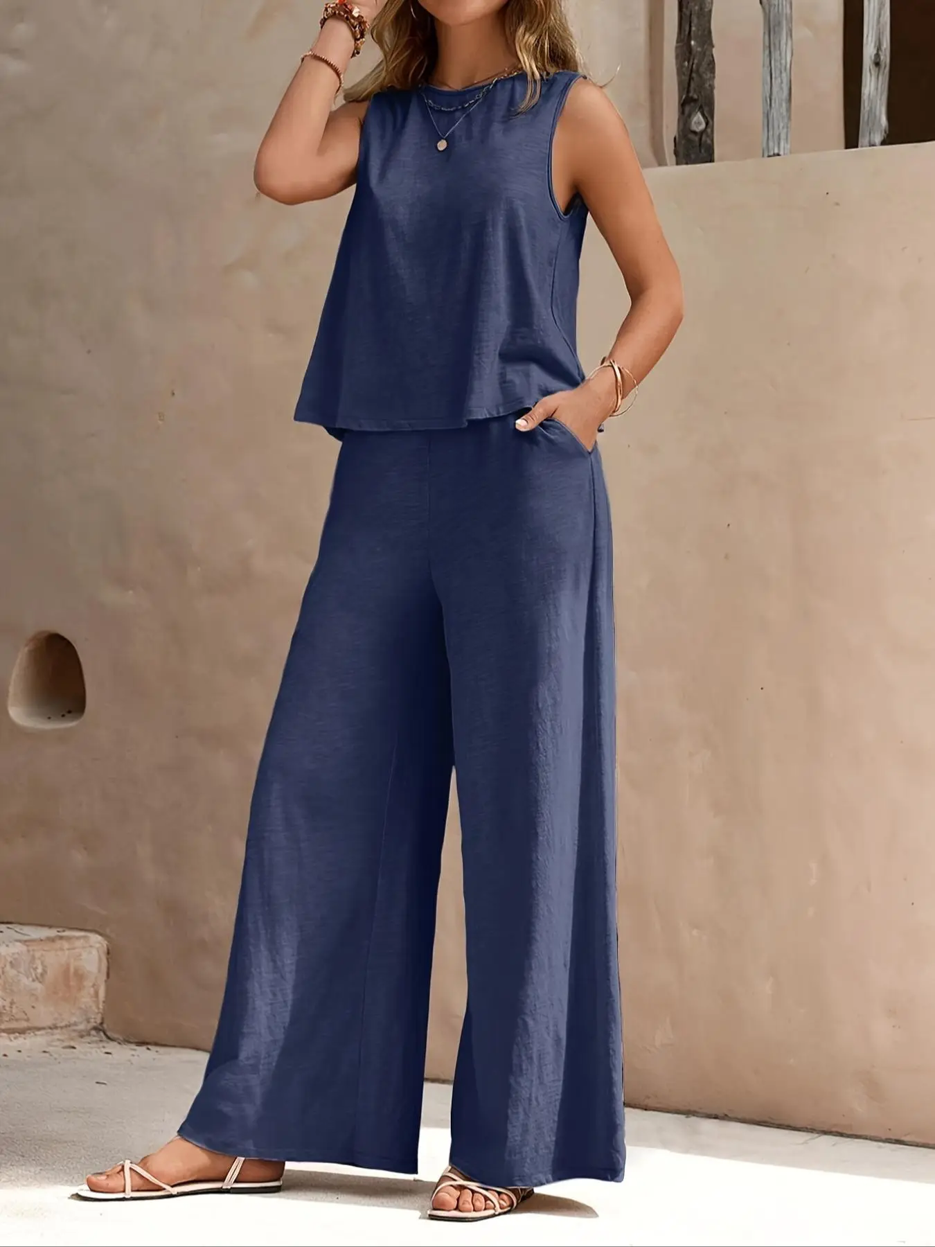 Women's Solid Sleeveless Tank Top & Wide Leg Pants Two-piece Set, Casual Basic Round Neck Top & Pocket Trousers for Summer, Back-to-School Clothing, S