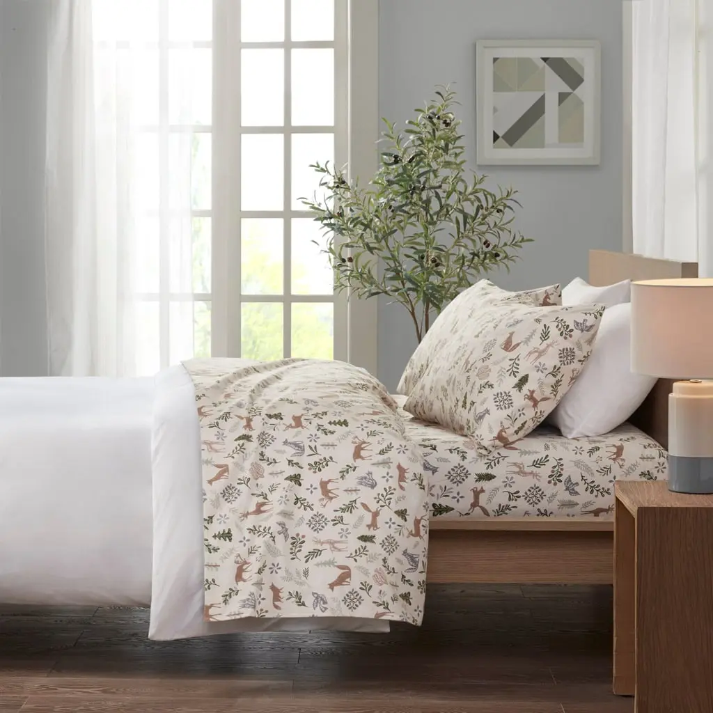 True North by Sleep Philosophy TN20-0561 108 x 102 x 0.13 in. Cozy Cotton Flannel Printed Sheet Set, Tan Woodland Winter - King Size