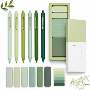 Aesthetic Green Stationery Set, 6 Fine Point 0.5mm Retractable Black Ink Pens & 6 Mini Correction Tapes with Self-Stick Index Tabs, Cute Study Notes Office Supply Gift Set